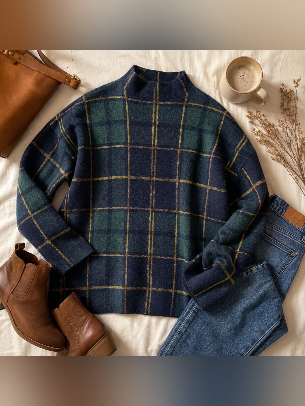 Tahari Plaid Knit Sweater | Blue Green Windowpane | Cozy Fall Pullover Large